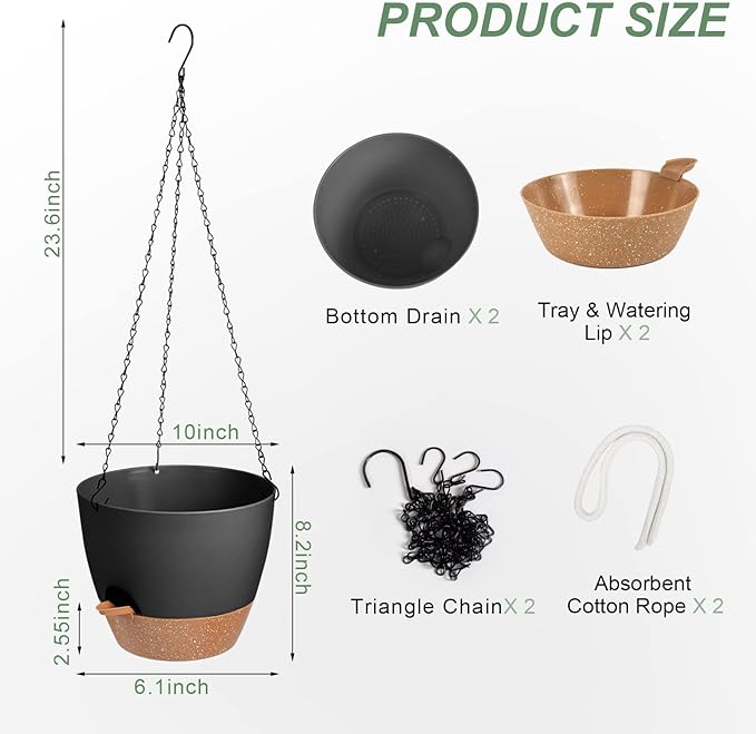 Vanslogreen Hanging Planters for Indoor Outdoor Plants, 2 Pack Self Watering Hanging Pot with Drainage Holes & Removable Tray (Black, 10'')