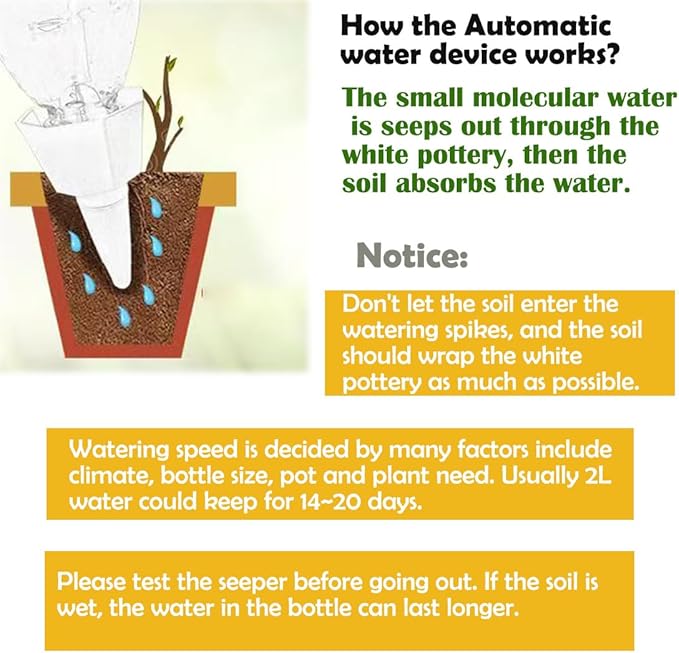 4 Set Durable Automatic Plant Watering Devices, 15~20 Days Large Capacity Plant Watering Spikes, Vacation Self Water Stakes, Plastic Bottle Self Watering Planter Insert, Soak in Boiling Water 1 Night