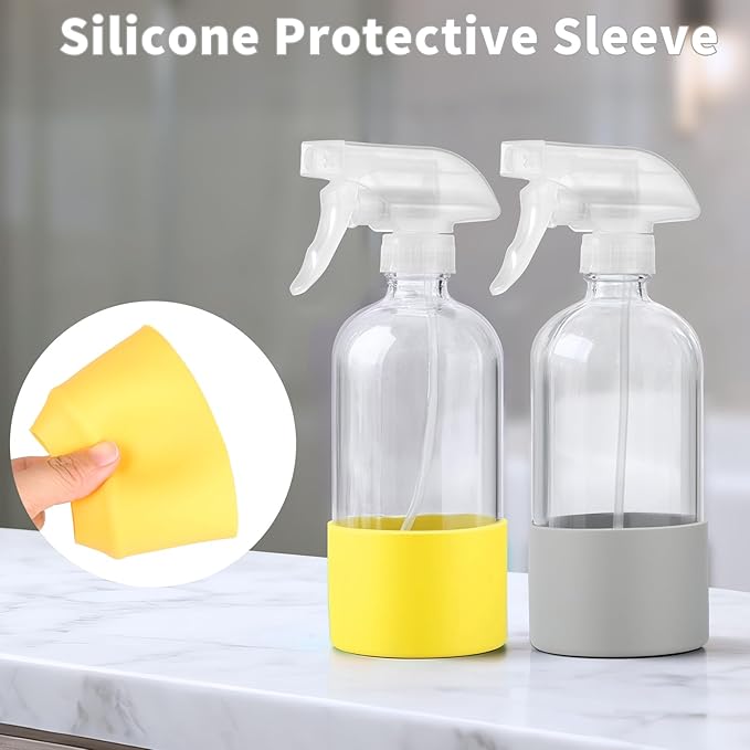 Glass Spray Bottles (2-Pack) with Silicone Sleeve - 16oz Empty Refillable Bottles - Adjustable Nozzle for Hair, Plants, Cleaning & DIY Solutions - Blue & Grey (yellow + mint green)