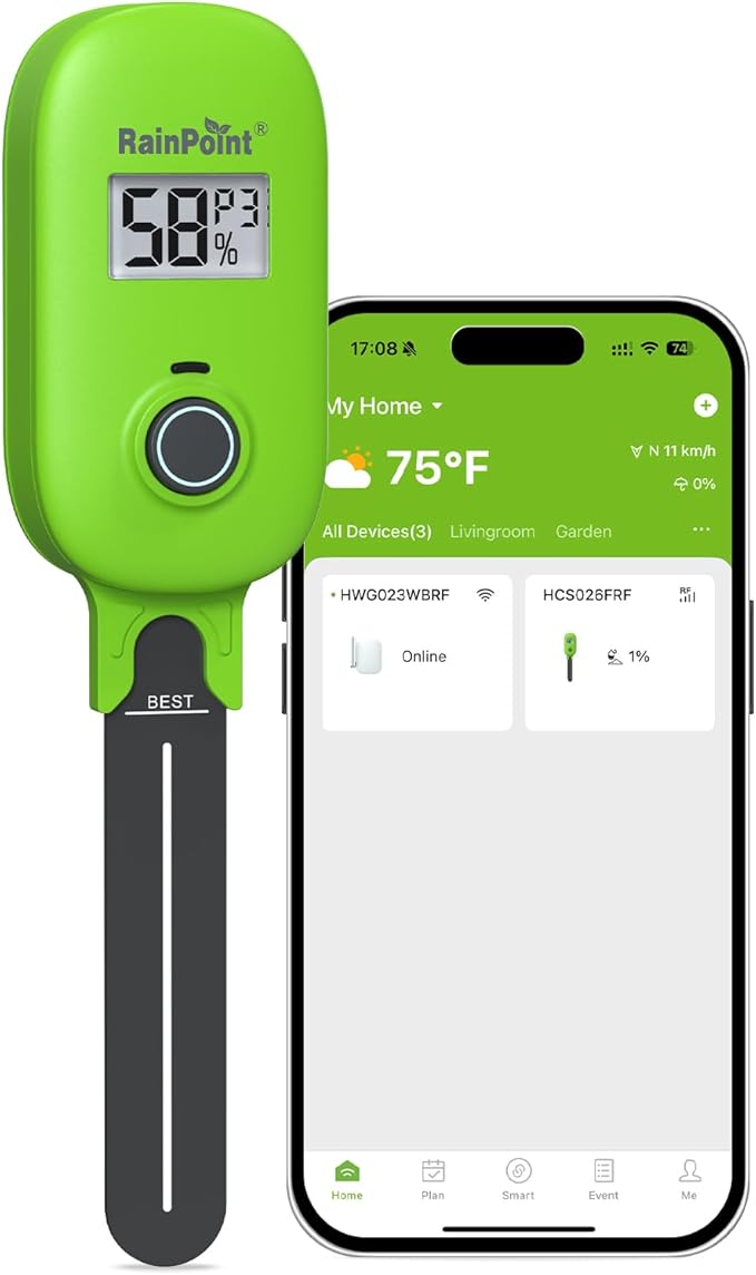 RAINPOINT Smart Soil Moisture Meter for Plants, Soil Hygrometer Sensor, Real-time Monitor Humidity Tester for Gardening, Farming, Indoor and Outdoor Plants Care, HWG023/HWG040 WiFi Hub Needed (Green)