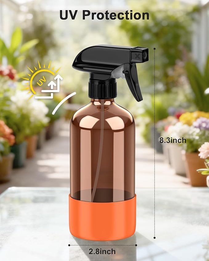 Bontip Amber Glass Spray Bottle with Silicone Sleeve Protection, 16 oz Refillable Spray Bottle for Cleaning Solutions, Plants, Aromatherapy, Facial Hydration (Orange Sleeve(Amber Bottle)
