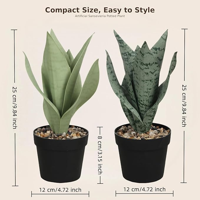 Artificial Snake Plant Artificial Sansevieria Floor Plant Desk Small Fake Plant for Indoor Home Office Decor,Realistic Potted Greenery,10inch (Two pcs Dark Gary and Light Green)