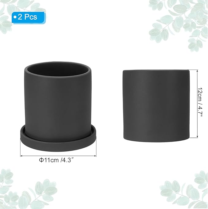 PATIKIL 4.3 Inch Ceramic Plant Pots, 2 Pack Modern Flower Planters with Drainage Holes and Tray for Decorate Home Indoor Plants Succulent Herb, Black