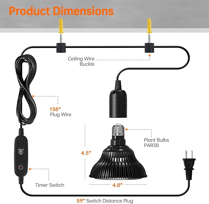 Bstrip Hanging Grow Light for Indoor Plants Full Spectrum, Black Plant Bulb with Optical Lens for Enhanced PPFD, Pendant Grow Light with Timer, 16.4 FT Power Cord, Perfect for Tall Plants and Flowers