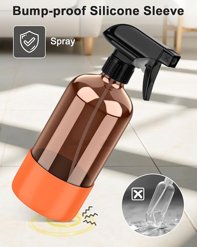 Bontip Amber Glass Spray Bottle with Silicone Sleeve Protection, 16 oz Refillable Spray Bottle for Cleaning Solutions, Plants, Aromatherapy, Facial Hydration (Orange Sleeve(Amber Bottle)