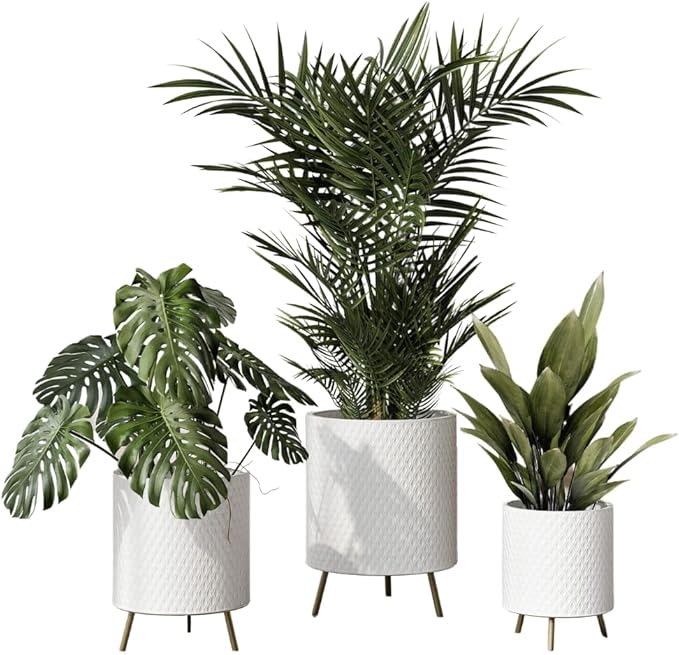 EverNest Claire Honeycomb Neutral Modern White Planter with Nyra Stand, Indoor Plant Pots, SelectBase, Mid-Century Modern, Boho Style Home Decor for Plants (Set of 3, Gold)