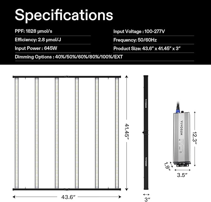 VIVOSUN VSFL6450 Bar LED Grow Light, 645W 6 Bars Plant Grow Light, Foldable & Dimmable, Full Spectrum with UR/FR Light for Indoor Plants