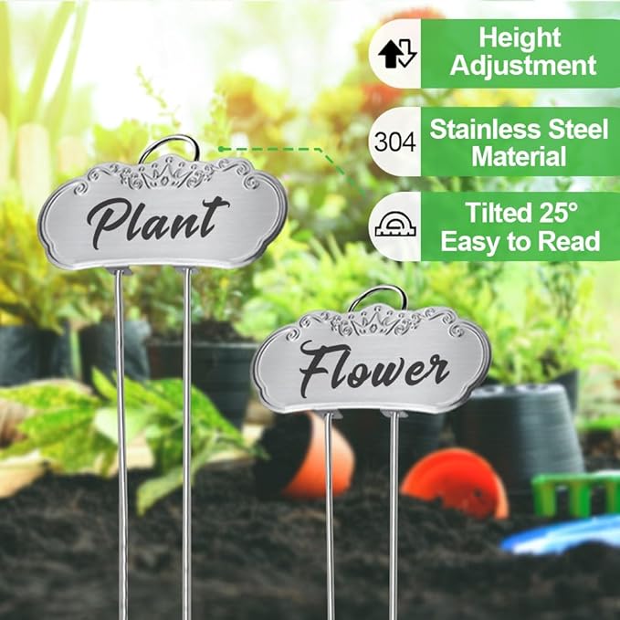 Metal Plant Labels, Tall Plant Labels, Garden Labels Outdoors for Flower, Fruit and Vegetable, Stainless Steel, Weatherproof (25 Pack, 4'' x 1.9'', Silver)