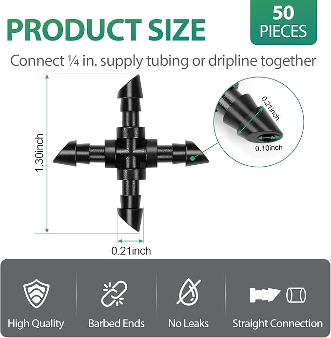 RedChili 50 Pack Drip Irrigation Universal 1/4" Barbed Cross Fitting, Drip System Parts Double Barbed Cross Tee Connectors Fits 1/4-Inch Drip Tubing Irrigation for Drip Line Connection