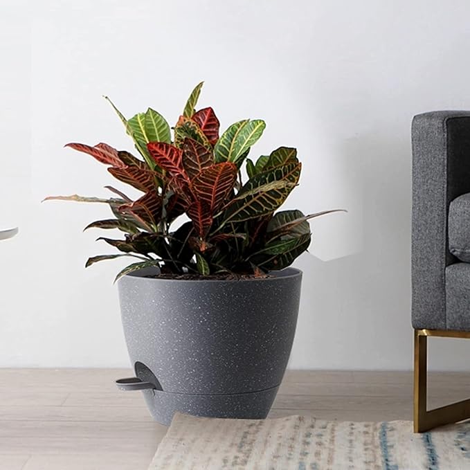 UOUZ Large Self Watering Pots, 12/10/9 Plastic Planters with High Drainage Holes and Deep Reservoir for Indoor Outdoor Garden Plants and Flowers, Grey Speckles