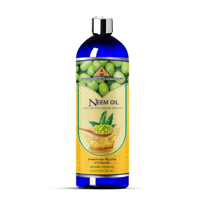 Cold-Pressed Unrefined USDA Certified Organic Neem Oil by Ancient Health Remedies Pure & All Natural-Excellent Bulk Carrier Oil For Anti-aging, Healthy Hair & Skin (INDIA) (16 oz)