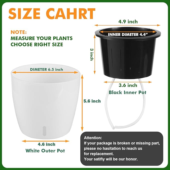 Planterhoma 6.7 Inch Self Watering Pots for Indoor Plants, 4 Packs African Violet Pots with Indicator, Black Wick Pot with Drainage Holes, Self Watering Planters for Orchid, Devil's Ivy, White