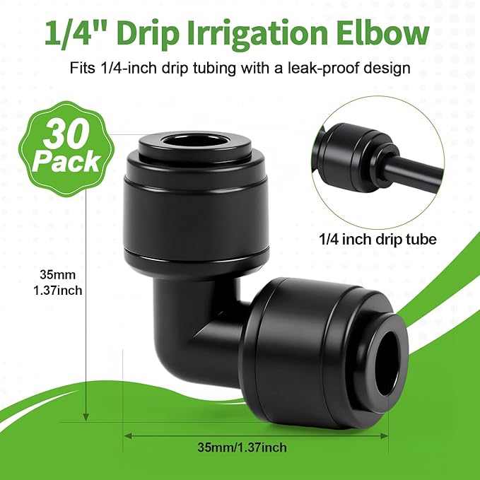RedChili 30 PCS Quick Connect Drip Irrigation 1/4" Elbow Fitting, Universal 90 Degree Elbow Connectors for 1/4-Inch Drip Tubing Leak Free Fittings for Sprinkler Irrigation System Connection