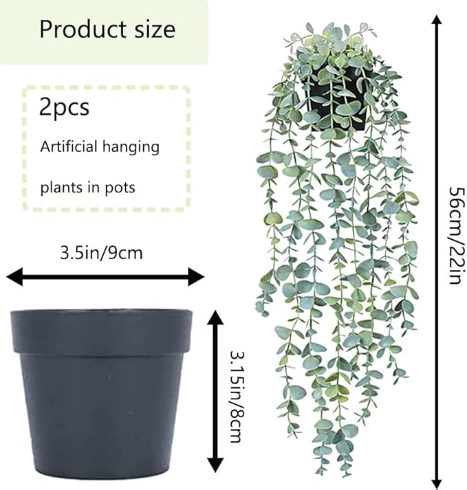 Artificial Hanging Plants, 2 Pack Fake With Pot, Eucalyptus, Indoor Faux Drooping, Potted for Office Desk Living Room Balcony