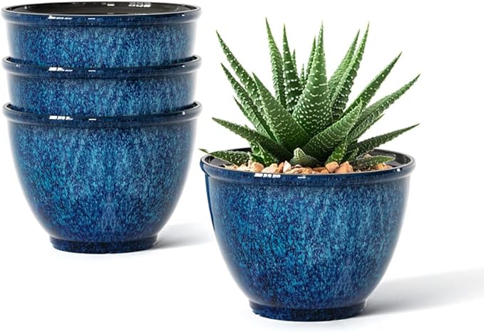 Vanslogreen Plant Pots, Set of 4 Plastic Planters with Drainage Hole, 8 Inch Glaze Plastic Flower Pots for Plants, Nursery Planting Pot, Planter for Indoor Outdoor Home Decorative(Blue)