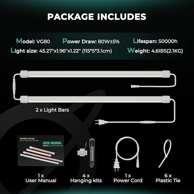 MARS HYDRO VG80 Plant Grow Light,4ft 5000K Full Spectrum LED Grow Lights for Indoor Plants, 2x4 Coverage, IP65 Waterproof Linkable Under Canopy Plant Light Strip for Seedling Veg Flower,2-Pack(2x40W)