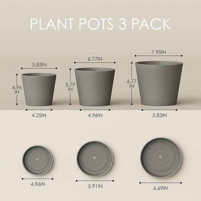 Bamworld 3 Pack Plastic Plant Pots with Drainage Holes and Saucers 6/7/8 Inch 5mm Thick Modern Decorative Flower Pots for Indoor Outdoor Plants Gray
