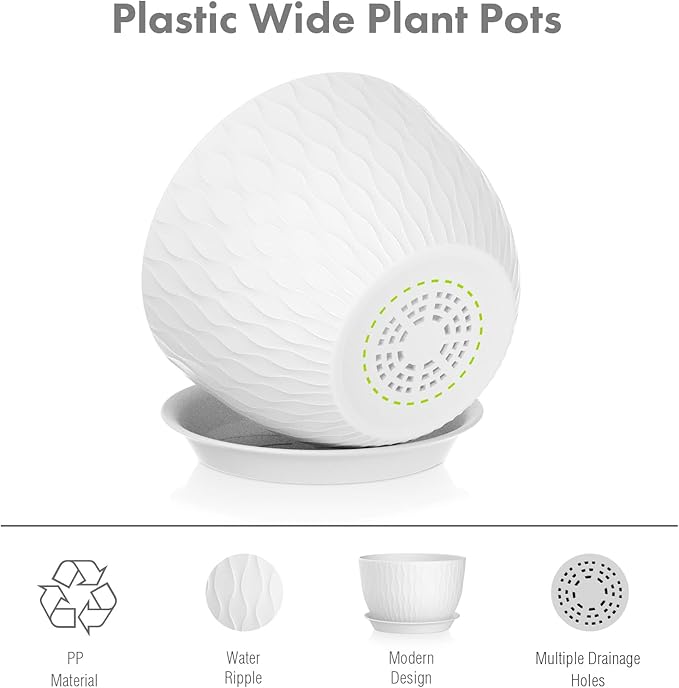 Meowell 12/10/9 inch Large Plant Pots, 3 Pack Wide Flower Pots for Outdoor Indoor Plants with Water Ripples, Big Plastic Planters with Drainage Holes and Saucers for Garden House Plants, White