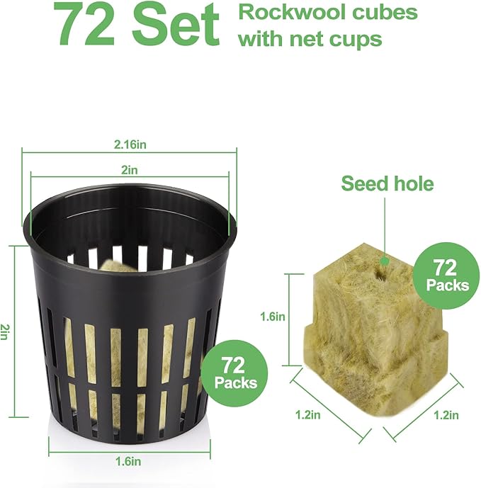 72 Sets Rockwool Cubes and Net Pots, 1.2 * 1.2 * 1.5 inch Rock Wool 72 Plugs & 72-Pack 2inch Net Cups for Hydroponics Growing Systemm, Garden Tower Supplies