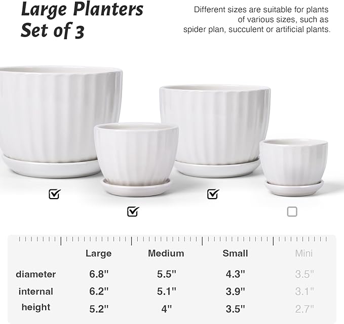 STHIE 4/5/6 Inches Ceramic Plant Pots with Drainage Holes and Saucers, Round Flower Pots for Indoor Plant, Modern Flower Planters Set of 3 (White-Big Size)