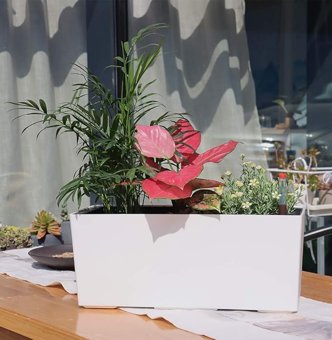 SAROSORA 14" Self Watering Planter Pots with Water Level Indicator, Rectangle Matte Plastic Window Box for Indoor Outdoor, Herbs Succulents Flowers House Plants (White)