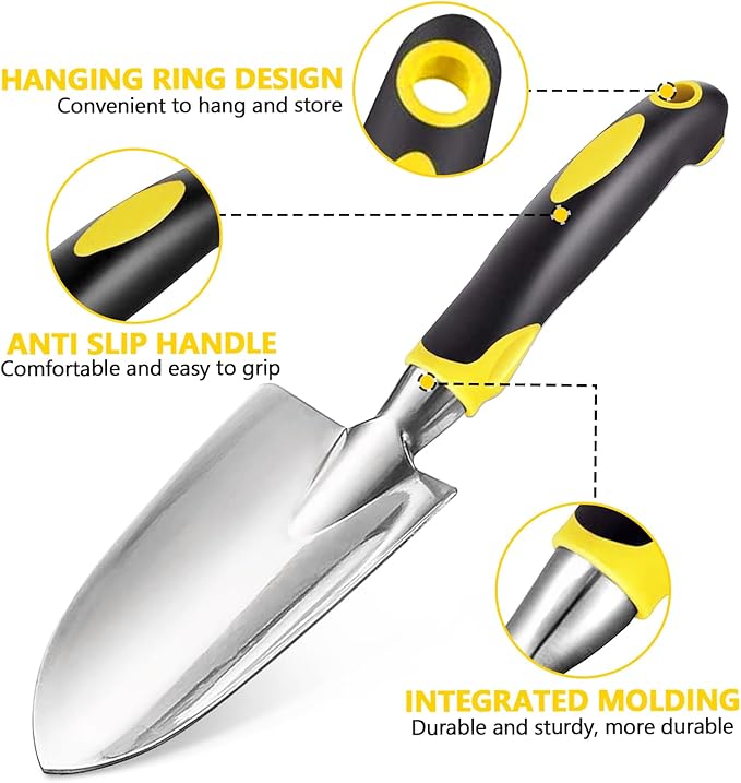 Garden Tool Set, 3 Pcs Heavy Garden Tools, Garden Shovel, Transplant Trowel and Hand Rake with Soft Rubberized Non-Slip Ergonomic Handle for Planting