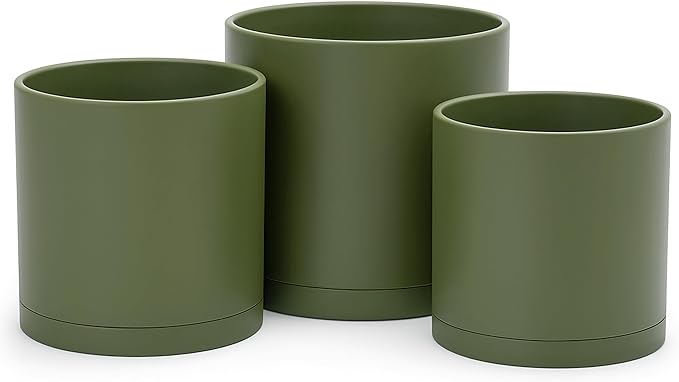 D'vine Dev 6 Inch 6.5 Inch 8 Inch, Set of 3 Plastic Planter Pots for Plants with Drainage Hole and Seamless Saucers, Olive, Medium, 74-V-I-3