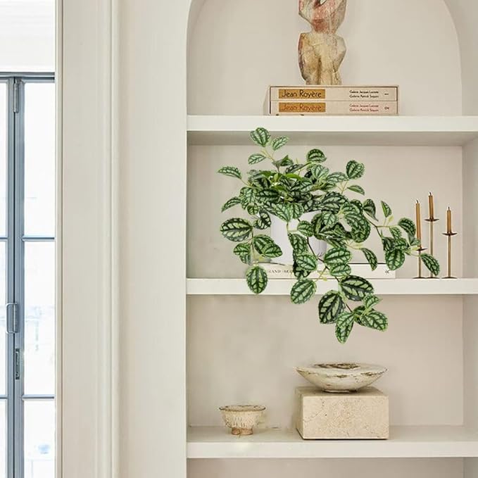 GnFlus Fake Hanging Plants, 20 Inch Artificial Ivy Plant in Ceramic Pot Faux Watermelon Peperomia Trailing Vine Plant Potted for Home Bedroom Office Table Shef Desk Indoor Outdoor Decor Green