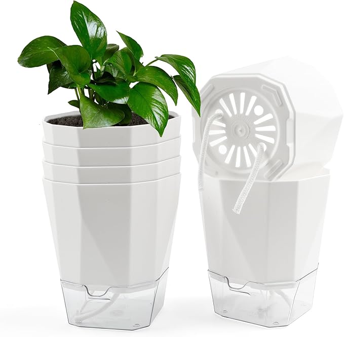 6-Pack Self Watering Planter Pots, 5 Inch Plastic Planters with Drainage Holes, Cotton Rope and Trays, Decorative Flower Pots for Indoor Outdoor Garden Plants (White)