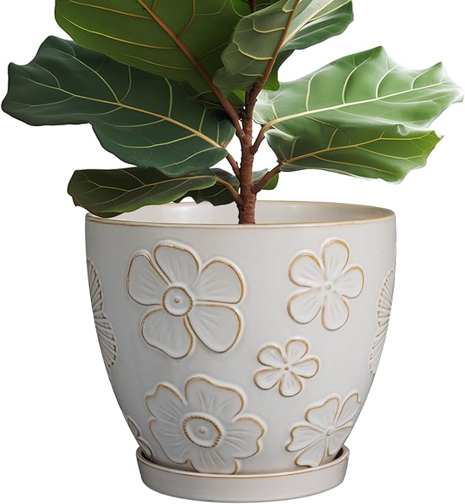 MPotTo 10 Inch Ceramic Planter Pot Large Plant Pot for Indoor Plants Outdoor Round Flower Pot with Drainage Hole and Saucer for Home Garden Decor White