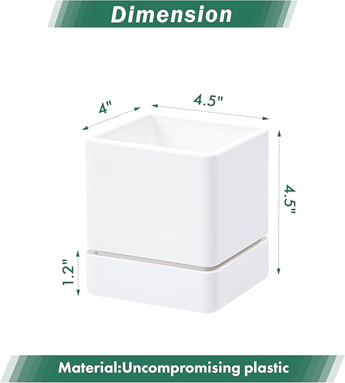D'vine Dev 4 Inch Herb Planter Pot, Plastic Planter with Drainage Holes and Saucer, Modern Decorative Gardening Pot for Indoor Plants, Flowers, Herbs, Succulents, White, Set of 1, 76-Y-A1-1