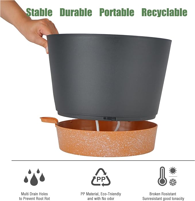 SwinDuck 12inch Large Self Watering Plant Pot, Plastic Cylinder Planter with 60Oz Deep Reservoir and Saucer for Indoor Outdoor Plants Flowers Houseplants, Black with Brown