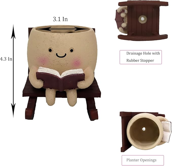 Dolkgy Cute Face Planters Succulent Pots, Funny Rocking Chair Reading Head Flower Planter Cactus Pot with Drainage Hole for Indoor Outdoor Plants, Unique Plant Lover Gifts