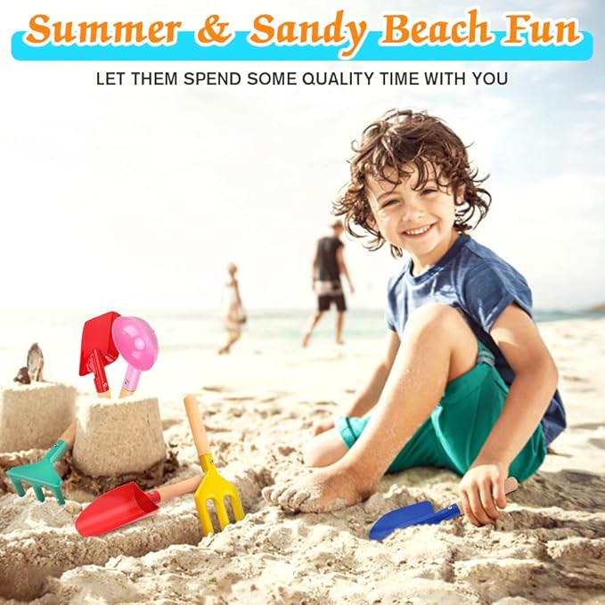 6 Piece Kids Gardening Tools, Children Beach Sand Toys, Made of Metal with Sturdy Wooden Handle, Safe Beach Gardening Set, Spoon, Fork, Rake & Shovel, Gifts for Kids