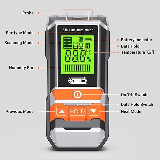 Wood Moisture Meter, 2 in 1 Pin & Pinless Moisture Tester, Digital Humidity Sensor Detector for Wood Firewood Drywall Floor Woodworking, Water Leak Detector for Building Home