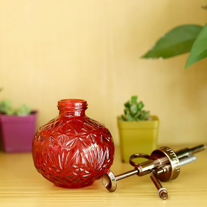 Hniuyun Glass Plant Mister Spray Bottle, 6.5inch Tall Vintage Round Spritzer with Bronze Plastic Top Pump for Watering Your Garden (Red)