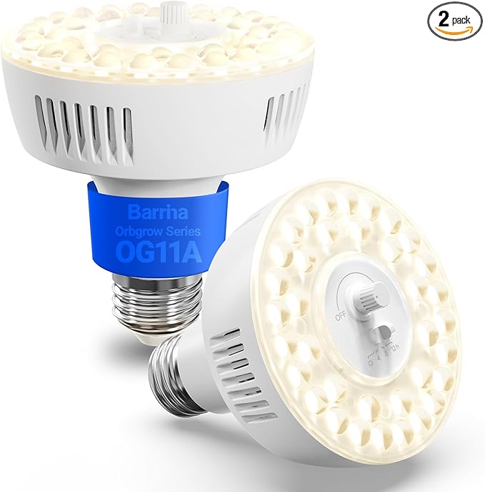 Barrina Orbgrow OG11A Grow Light Bulbs for Indoor Plants, Integrated Dimming & Timing, 4000K 22W(2 x 11W, 200 Watt Equiv), E26 Plant Light Bulb, Full Spectrum for Seeds and Greens, 2 Packs, White