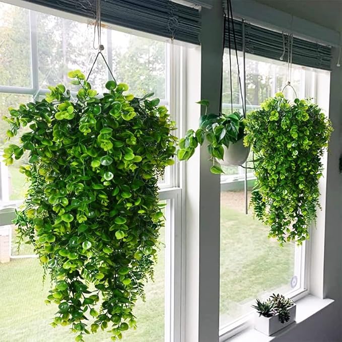 2Pcs Artificial Hanging Plants Eucalyptus Leaves UV Resistant Fake Vines Ivy Artificial Plants Outdoor Faux Plants Indoor Bedroom Living Room Boho Wall Porch Shelf Decor