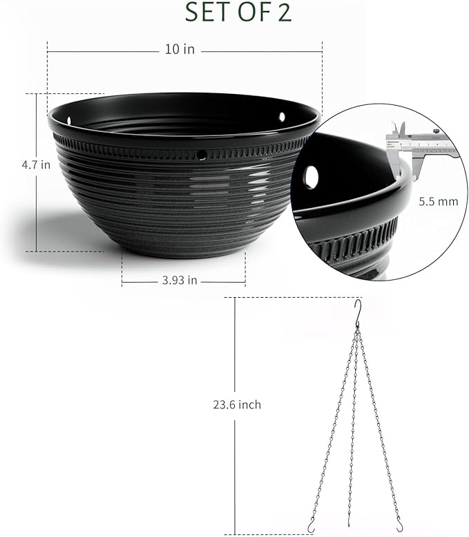 Vanslogreen 2 Pack Hanging Planters for Indoor Outdoor Plants, 10 Inch Hanging Planter with Drainage Hole & Plug Glazed Hanging Baskets Flower Pots for Garden Home (Black)