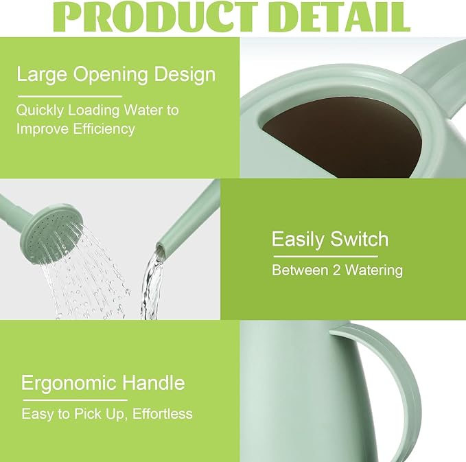 2 Pack Watering Can for Indoor Plants 1.8L Plastic Watering Can with Long Spout, Lightweight for Garden, Flowers, Plants, Lightweight Mint Green Design