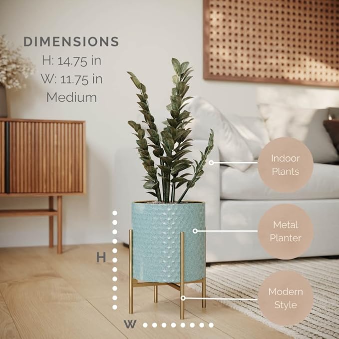 EverNest Mid-Century Modern Rhys Honeycomb Embossed Planter Pot with Loki Gold Stand, Metal Indoor Plant Pots, Blue Green Bohemian Style (Medium 2 Gallon)