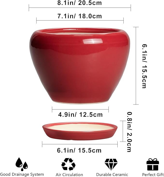 Ceramicfor Ceramic Planter for Indoor Plants 8 Inch - Ceramic Plant Pot with Drainage Hole and Saucer, Glaze Round Decorative Modern Flower Pot, Housewarming Gift, Home Room Office Decor, Red
