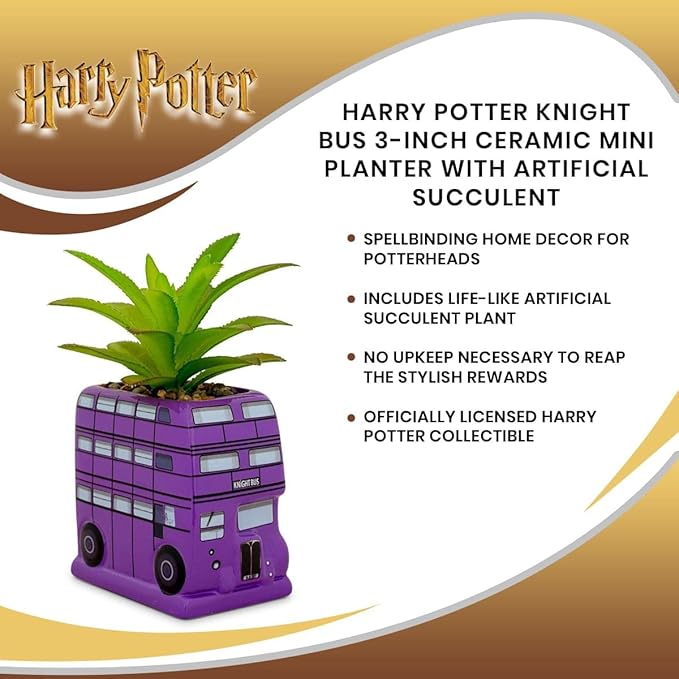 Harry Potter Knight Bus 3-Inch Ceramic Planter With Artificial Succulent | Small Flower Pot, Faux Indoor Plant For Desk Shelf, Trinket Tray | Cute Home Decor, Wizarding World Gifts and Collectibles