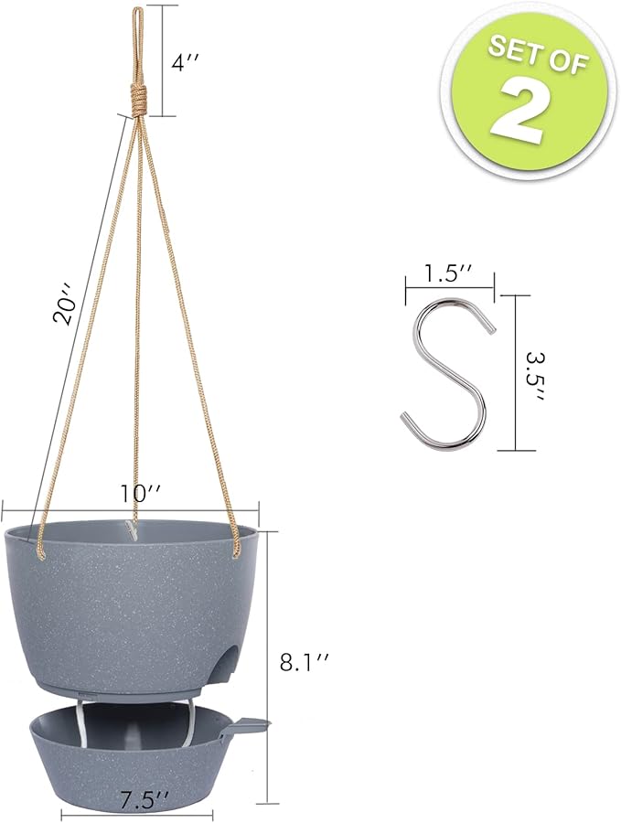 SwinDuck 10 Inch Self Watering Hanging Pots, 2 Pack Hanging Planters with 40oZ Deep Reservior for Indoor Outdoor Plants Flowers, Grey