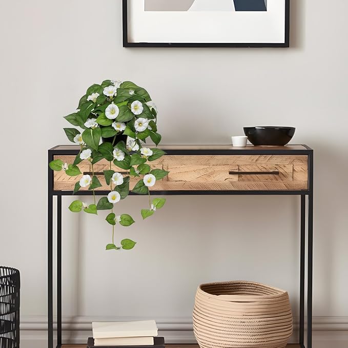 Briful Artificial Hanging Flowers in Pot 25.6" Faux Silk Morning Glory Flower Vine with Cascading Greenery Fake Hanging Plants for Home Office Bathroom Table Shelf Decor(White)