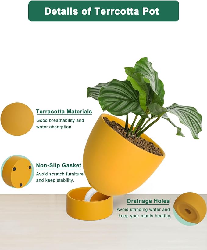 vensovo Yellow Terracotta Self Watering Plant Pot - 2 PCS 6 Inch & 8 Inch Terra Cotta Plant Pot with Drainage Hole and Saucer, Small & Large Clay Flower Pot with Tray, Planter for Indoor Outdoor