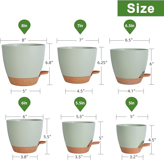 Vanslogreen Planters for Indoor Plants, 8/7/6.5/6/5.5/5 Inch Self Watering Planters with Drainage Hole, Plastic Planters Flower Pots for Indoor Outdoor Plants (Green)