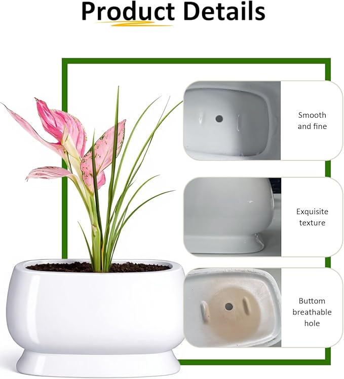 OXART Ceramic Plant pots Indoor Pots Set with Drainage Holes, 11.8+9 inch Flower Pot Rectangle Planters Pots for Plants for Plants Lilies, Cacti, Succulents, and Pothos, No Trays (White-3)