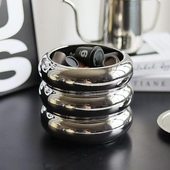 Ceramic Plant Pot Indoor, 6.5 Inch Flower Pot with Drainage Hole, Tiered Bubble Design Ceramic Planter for Home & Office Decor (Silver)