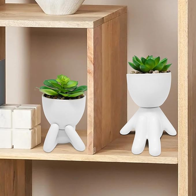Zerzsy Set of 2 Small Fake Plants with Human-Shaped Pots, Fake Succulents Plant Artificial Office Desk Accessories Decorations Funny Room Decor Mini Plant Bathroom Decorations (Ceramic White)
